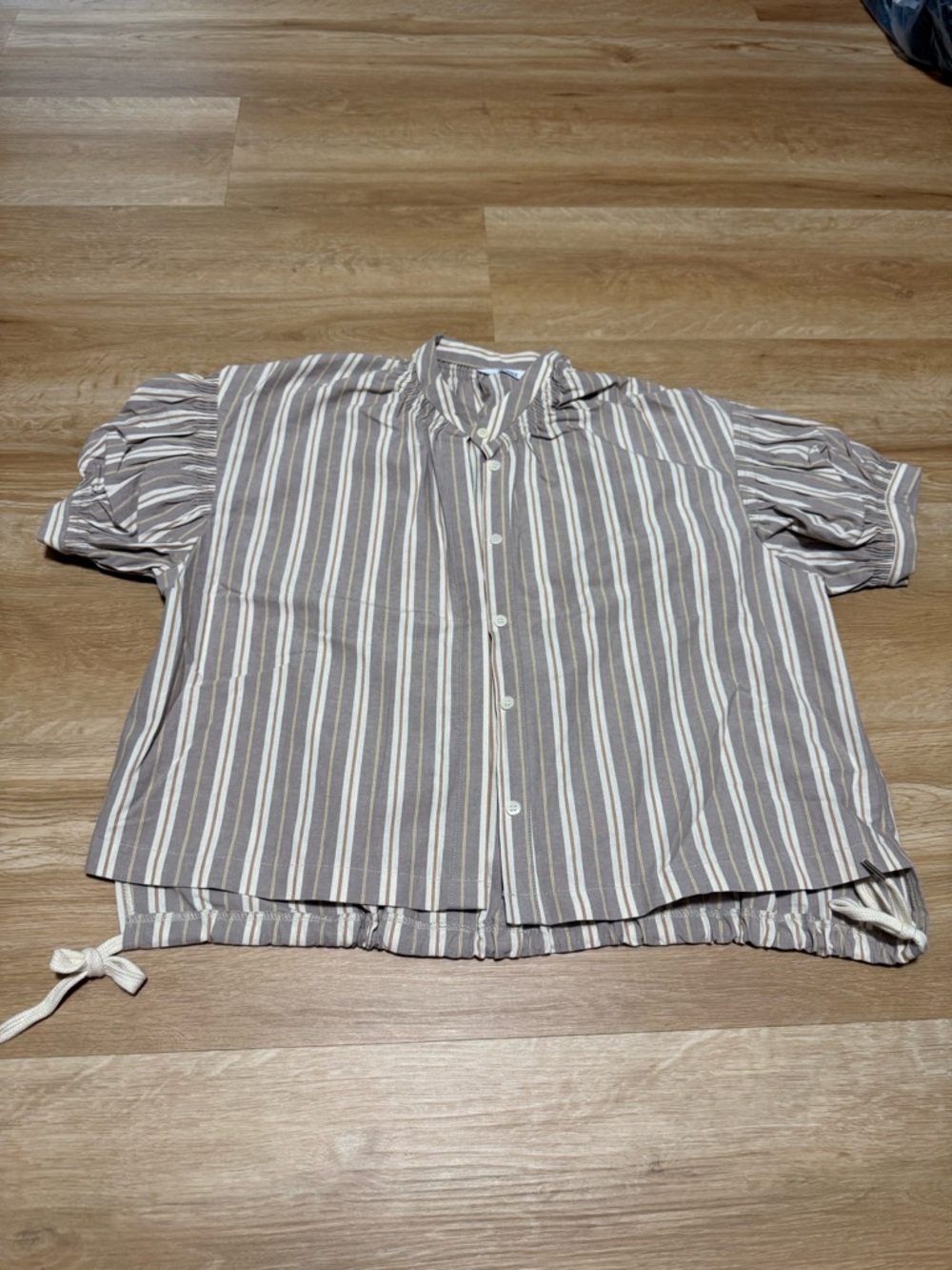 Korean Striped Short-Sleeve Button Shirt - Taupe & White